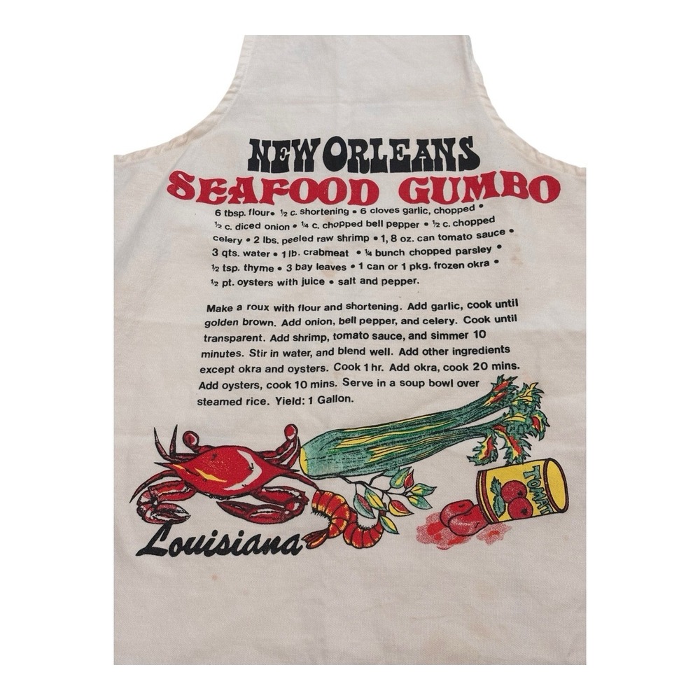 Vintage Apron New Orleans Seafood Gumbo Recipe‎ Louisiana Crawfish Print BBQ Bib